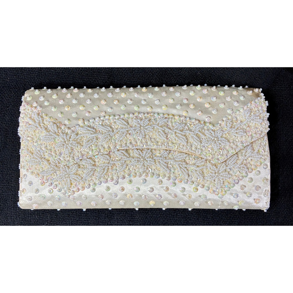 Vintage Stylecraft Miami Beaded Sequin Satin Clutch Bag White Bridal Evening